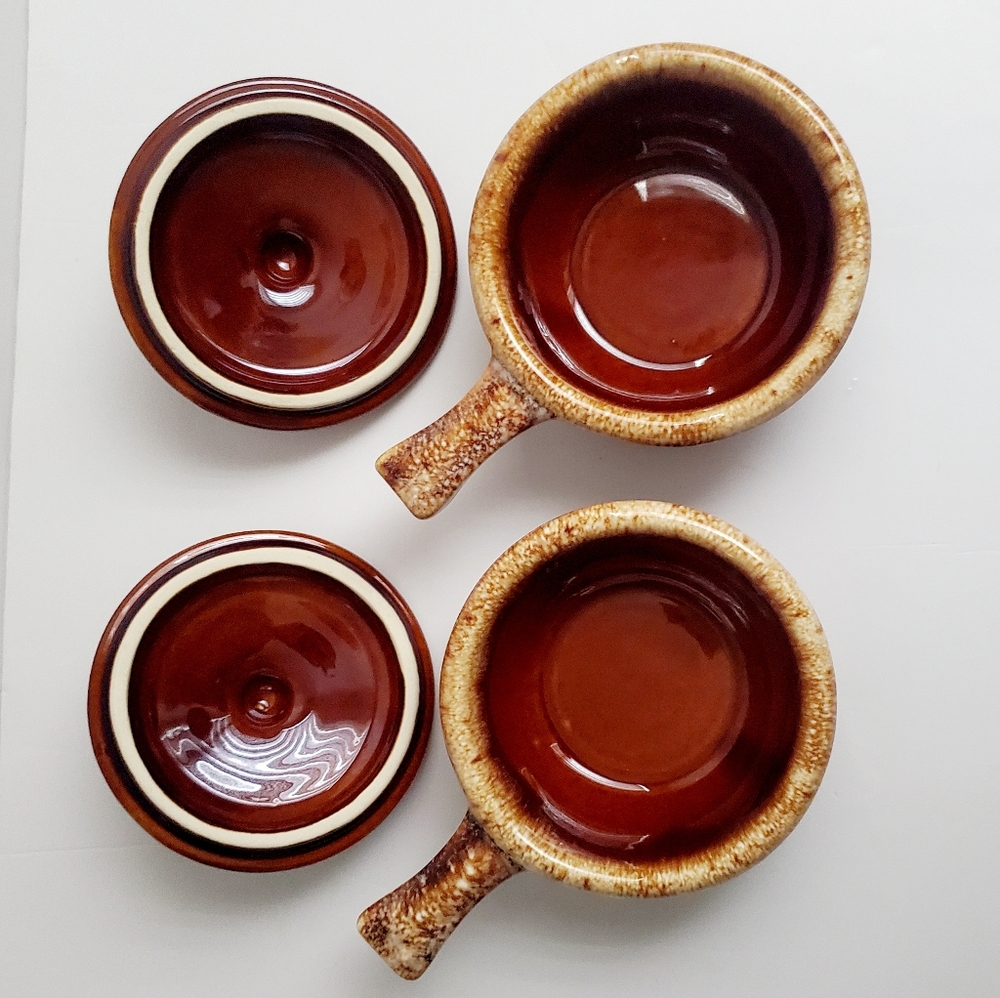 HULL POTTERY Oven Proof Mini Pots Lidded Brown w/ Drip Glaze Finish Made In USA